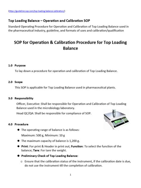 Top Loading Balance – Operation and Calibration SOP.